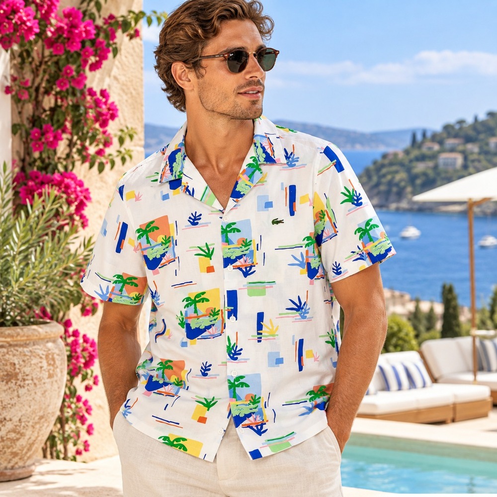 Lacoste Mens Print Cotton Voile Hawaiian Shirt Sz L White Crocodile Camp Collar